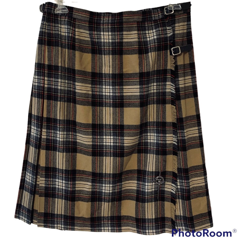 James Pringle Pleated Wool Wrap Skirt Tan Blue Scottish Kilt Pin Size 12